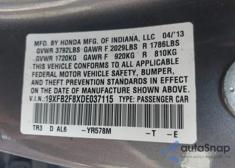 2013 Honda Civic Ex from USA, damaged, VIN 19XFB2F8XDE037115